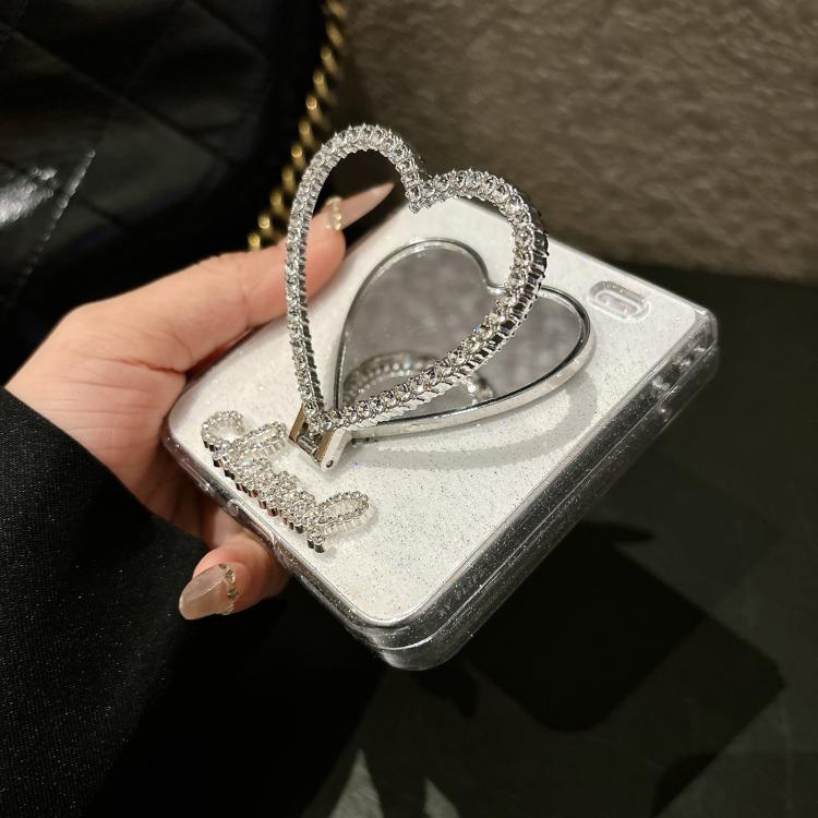 For Honor Magic V Flip Glitter Stardust Series PC Phone Case with Heart Shaped Holder - Transparent