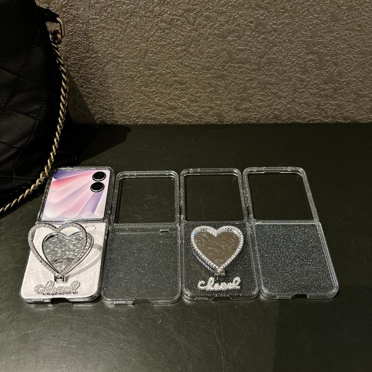 For Honor Magic V Flip Glitter Stardust Series PC Phone Case with Heart Shaped Holder - Transparent