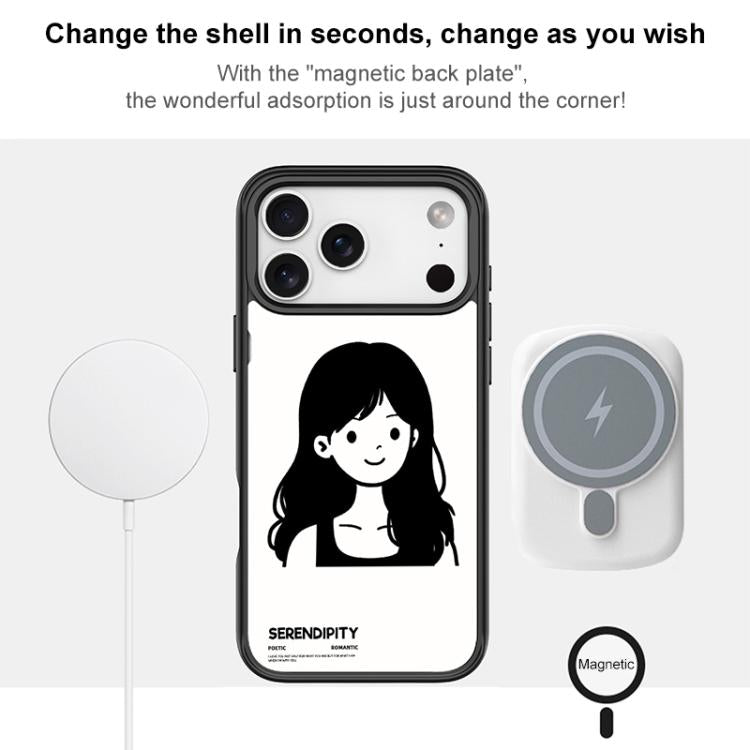 For iPhone 16 Sketching Style Curly Haired Girl Pattern Magnetic Phone Case