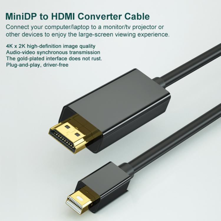4K Mini DisplayPort to HDMI Adapter Cable HD Gold-Plated Video Connection Cable, Length: 1.8m - Black