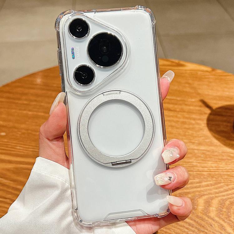 For Huawei Pura 70 Pro Four Corner Shockproof Space Magnetic Phone Case with 360 Degrees Rotating Holder - Transparent
