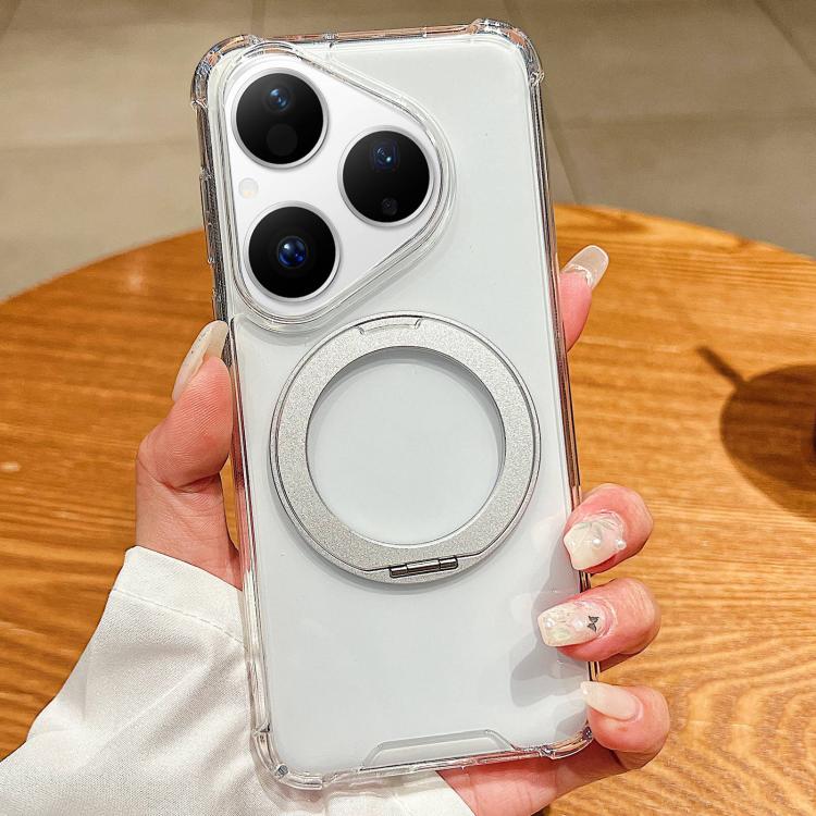 For Huawei Pura 80 5G Four Corner Shockproof Space Magnetic Phone Case with 360 Degrees Rotating Holder - Transparent