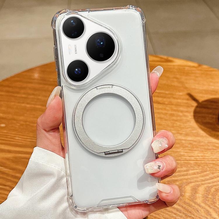 For Huawei Pura 80 Pro 5G Four Corner Shockproof Space Magnetic Phone Case with 360 Degrees Rotating Holder - Transparent