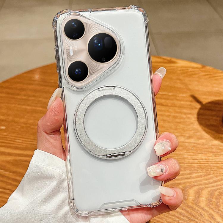 For Huawei Pura 80 Ultra 5G Four Corner Shockproof Space Magnetic Phone Case with 360 Degrees Rotating Holder - Transparent