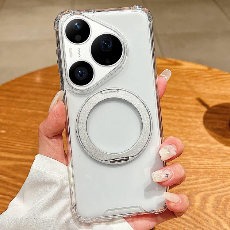 For Huawei Pura 90 Pro Max 5G Four Corner Shockproof Space Magnetic Phone Case with 360 Degrees Rotating Holder - Transparent
