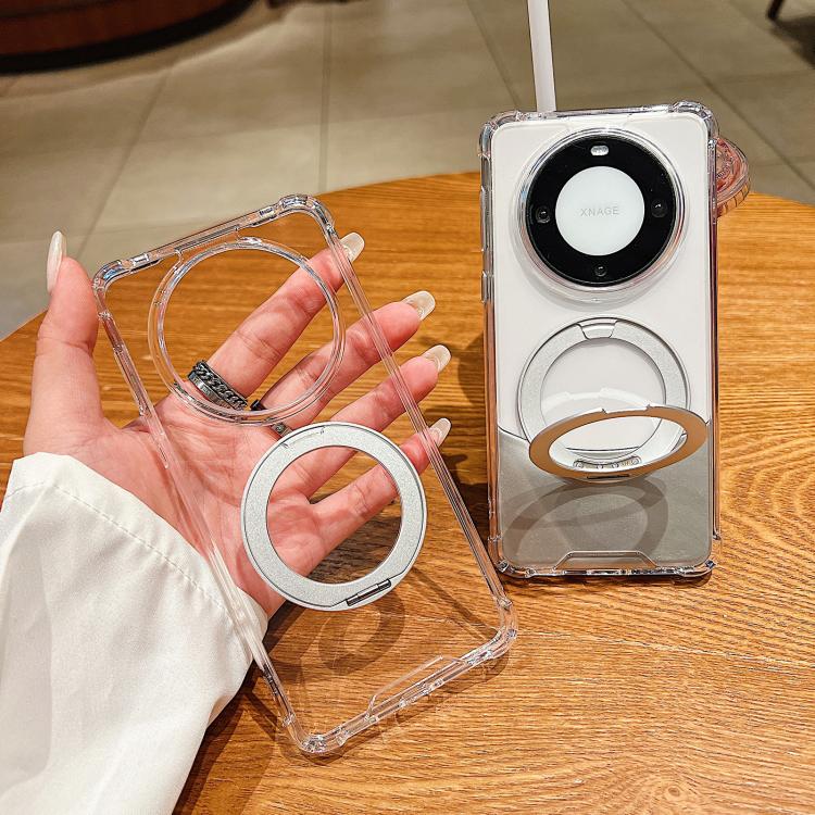 For Huawei Mate 70 Pro Four Corner Shockproof Space Magnetic Phone Case with 360 Degrees Rotating Holder - Transparent