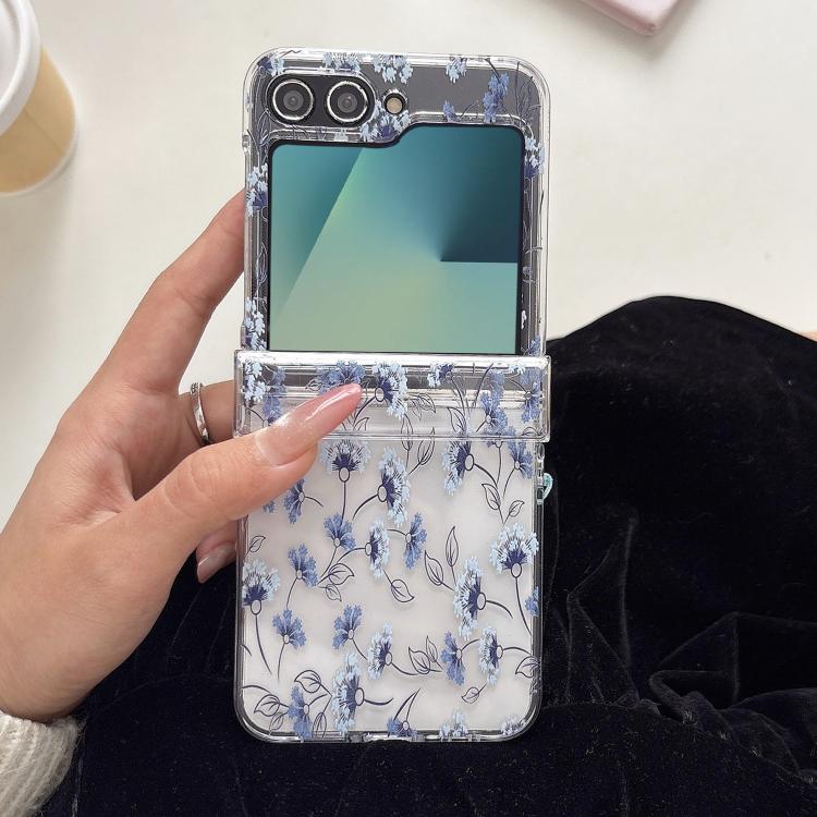 For Samsung Galaxy Z Flip7 5G Elegant Ice-Blue Floral Pattern Phone Case