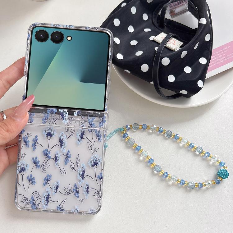 For Samsung Galaxy Z Flip7 5G Elegant Ice-Blue Floral Pattern Phone Case with Bracelet