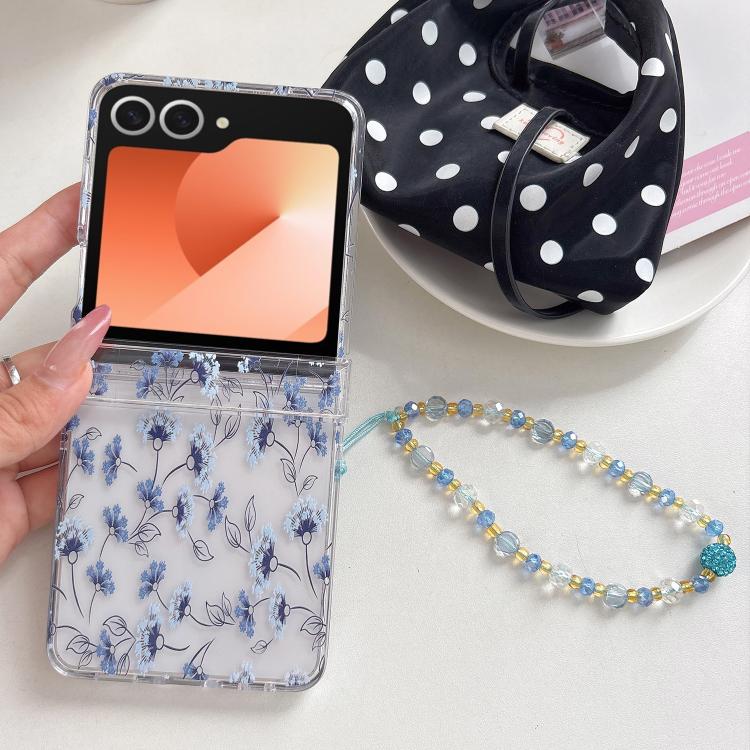 For Samsung Galaxy Z Flip5 Elegant Ice-Blue Floral Pattern Phone Case with Bracelet