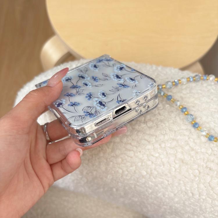 For Samsung Galaxy Z Flip5 Elegant Ice-Blue Floral Pattern Phone Case with Bracelet