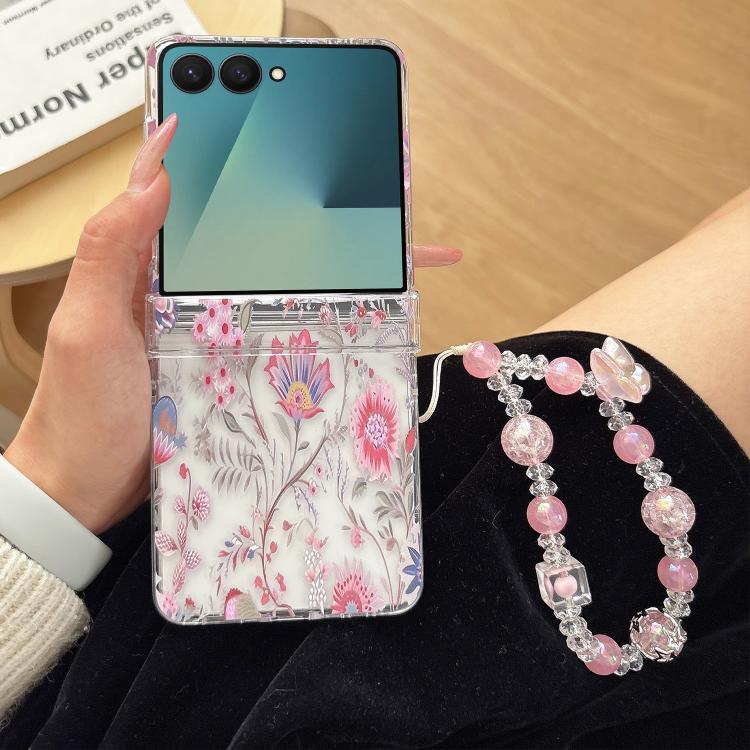 For Samsung Galaxy Z Flip7 5G Delicate Pink Floral Pattern Phone Case with Bracelet