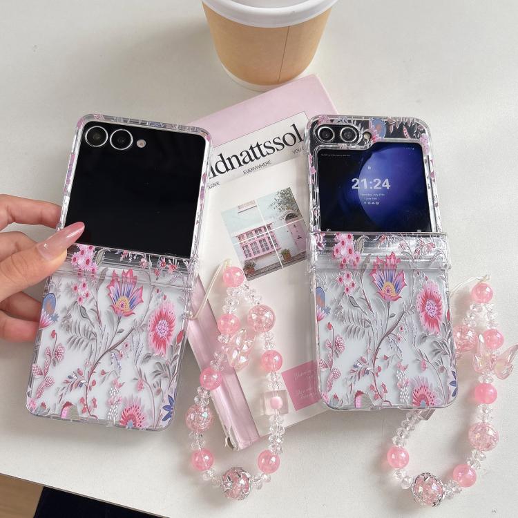 For Samsung Galaxy Z Flip6 Delicate Pink Floral Pattern Phone Case with Bracelet