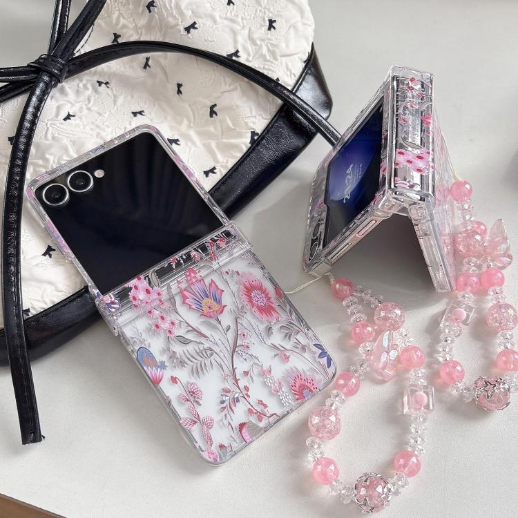 For Samsung Galaxy Z Flip5 Delicate Pink Floral Pattern Phone Case with Bracelet