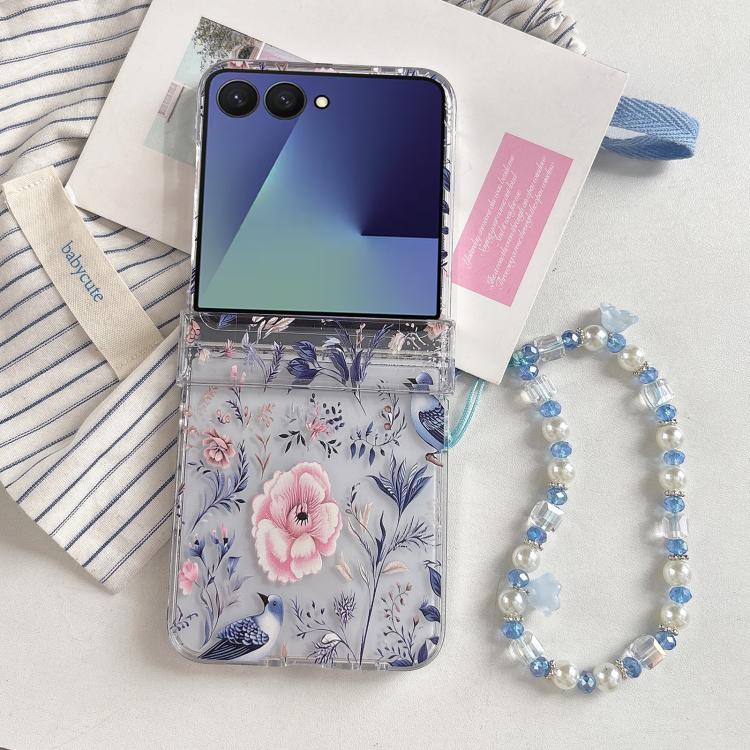 For Samsung Galaxy Z Flip7 5G Delicate Flowers Birds Pattern Phone Case with Bracelet