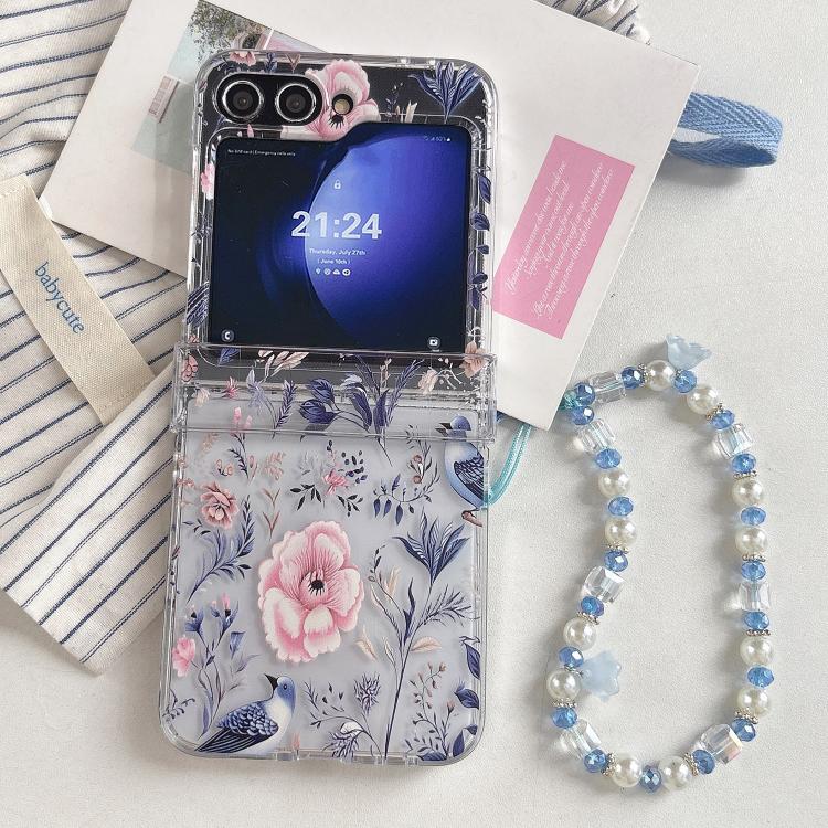 For Samsung Galaxy Z Flip5 Delicate Flowers Birds Pattern Phone Case with Bracelet