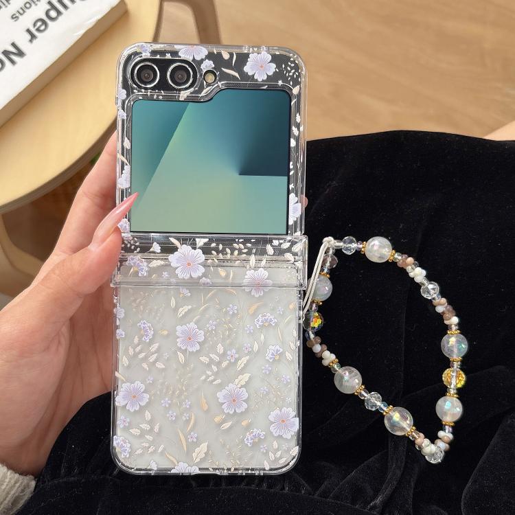 For Samsung Galaxy Z Flip7 5G Delicate Purple White Blossoms Pattern Phone Case with Bracelet