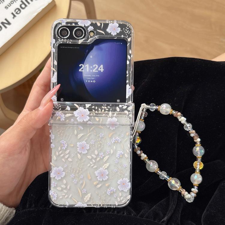 For Samsung Galaxy Z Flip6 Delicate Purple White Blossoms Pattern Phone Case with Bracelet