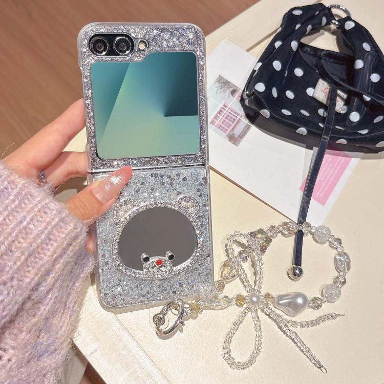 For Samsung Galaxy Z Flip7 5G Sparkling Diamond Bear Design Mirror Phone Case with Bracelet