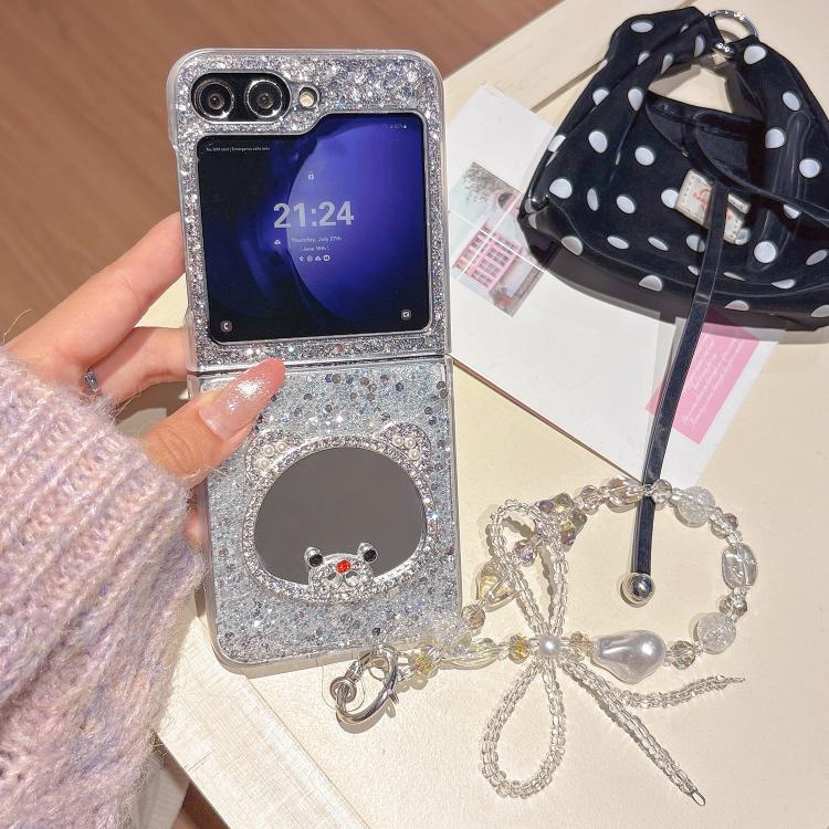 For Samsung Galaxy Z Flip5 Sparkling Diamond Bear Design Mirror Phone Case with Bracelet