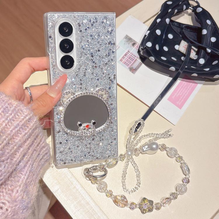 For Samsung Galaxy Z Fold4 Sparkling Diamond Bear Design Mirror Phone Case with Bracelet
