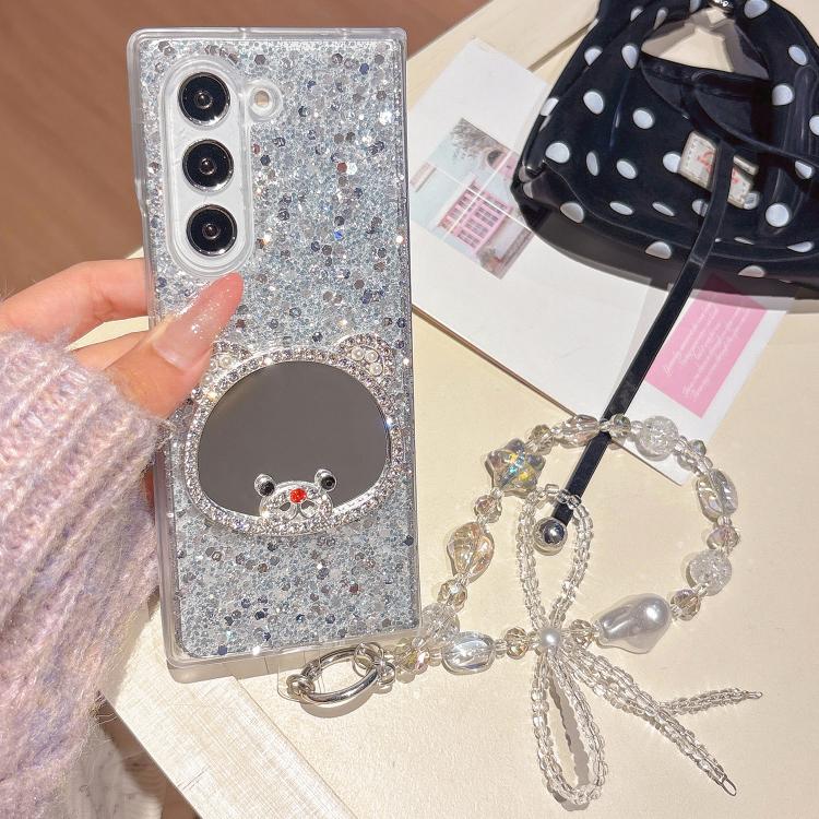 For Samsung Galaxy Z Fold5 Sparkling Diamond Bear Design Mirror Phone Case with Bracelet