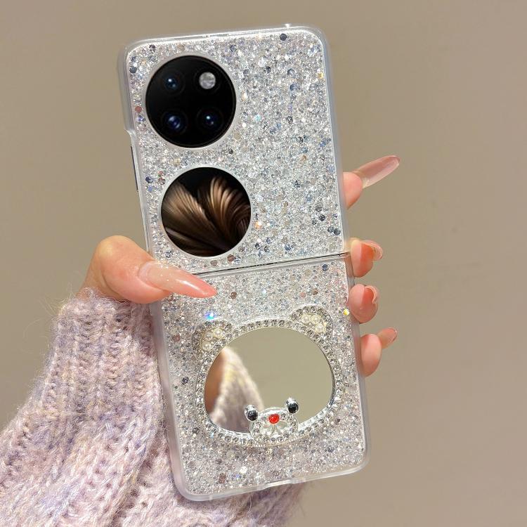 For Huawei P50 Pocket Sparkling Diamond Bear Design Mirror Phone Case