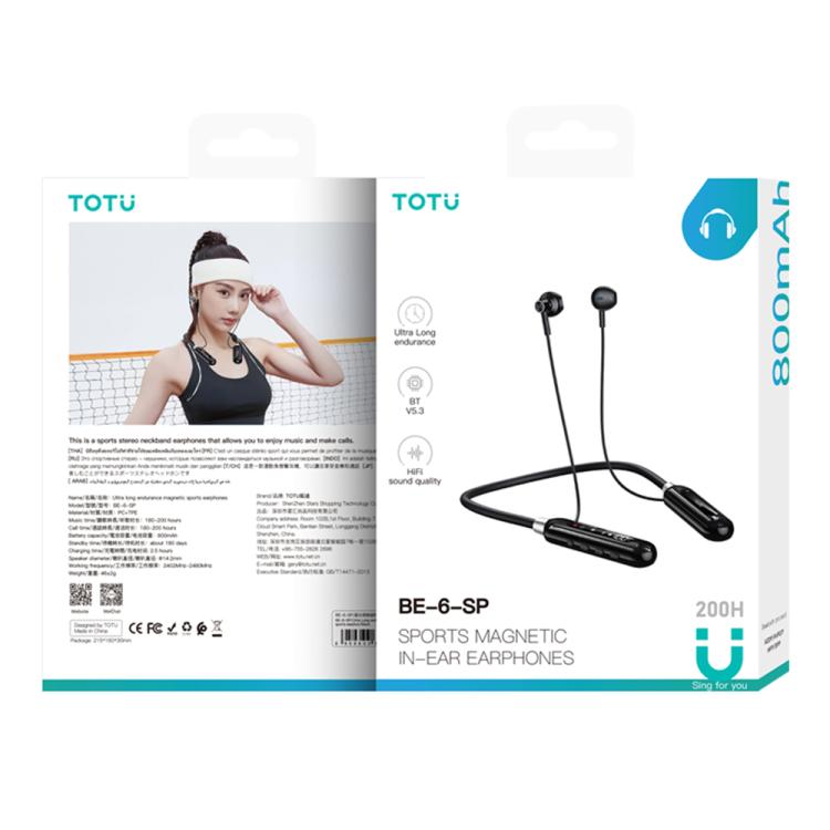 TOTU BE-6-SP 800mAh Long Battery Life Magnetic Neckband Bluetooth Sports Headphones - Black