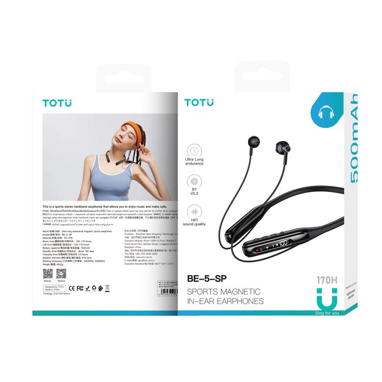 TOTU BE-5-SP 500mAh Long Battery Life Magnetic Neckband Bluetooth Sports Headphones - Black
