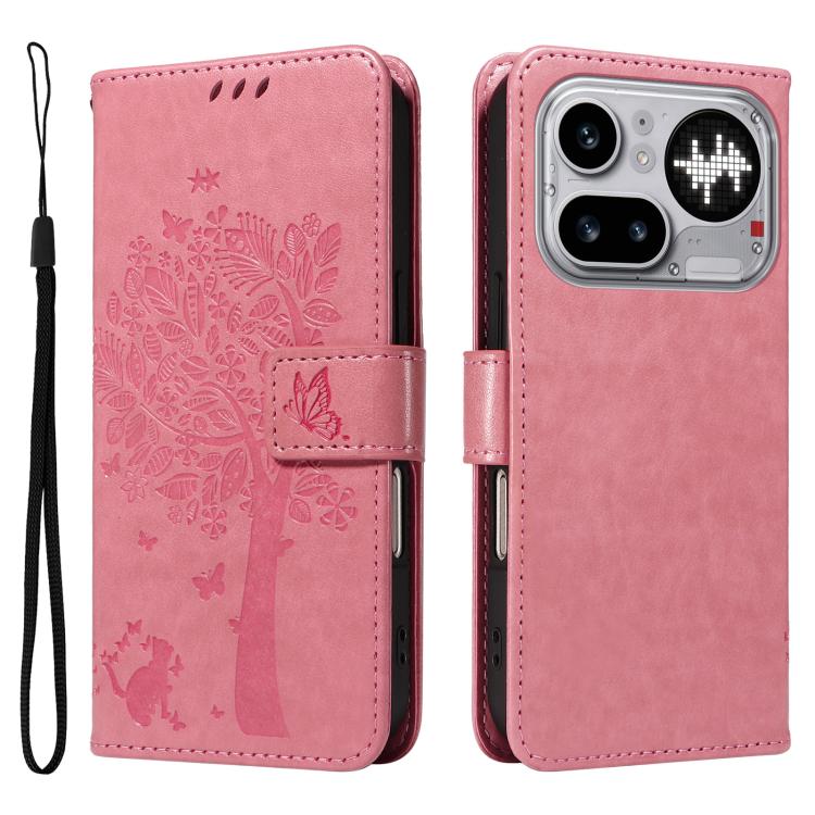 For Nothing Phone 4a Pro Tree & Cat Embossed Pattern Flip Leather Phone Case