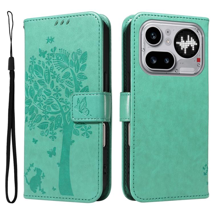 For Nothing Phone 4a Pro Tree & Cat Embossed Pattern Flip Leather Phone Case