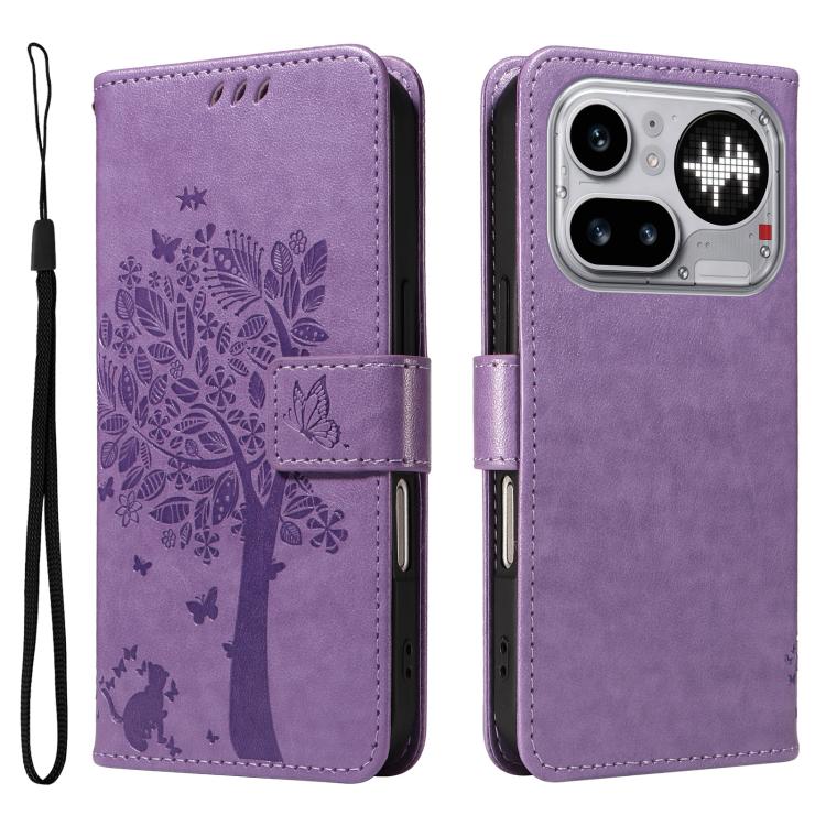For Nothing Phone 4a Pro Tree & Cat Embossed Pattern Flip Leather Phone Case