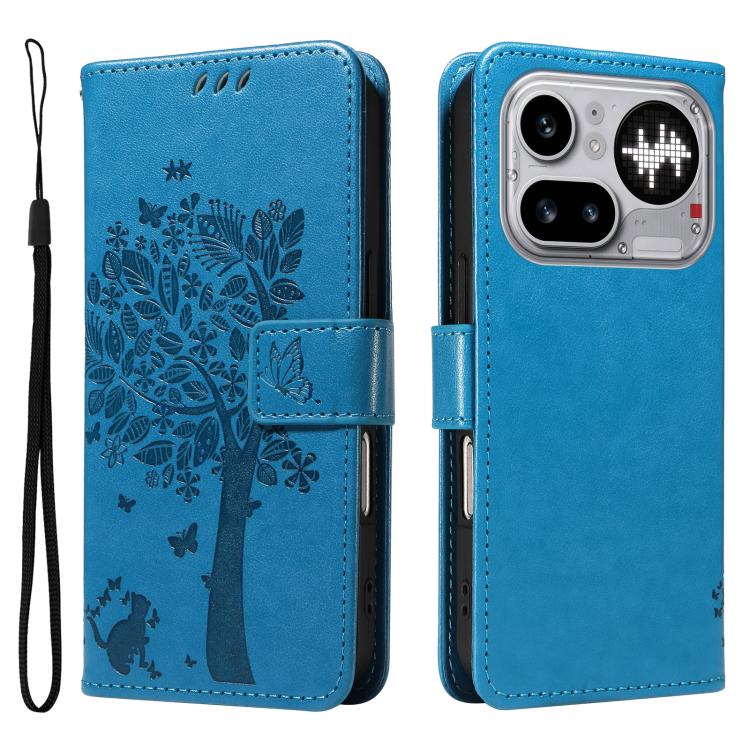 For Nothing Phone 4a Pro Tree & Cat Embossed Pattern Flip Leather Phone Case