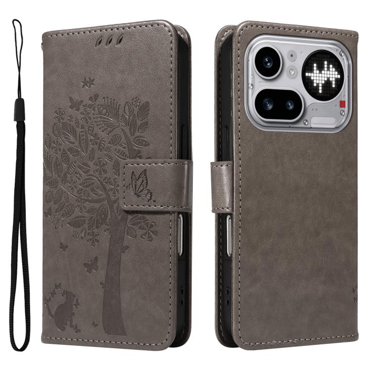 For Nothing Phone 4a Pro Tree & Cat Embossed Pattern Flip Leather Phone Case