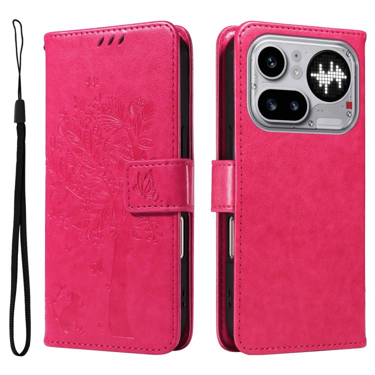 For Nothing Phone 4a Pro Tree & Cat Embossed Pattern Flip Leather Phone Case