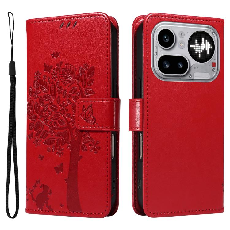 For Nothing Phone 4a Pro Tree & Cat Embossed Pattern Flip Leather Phone Case