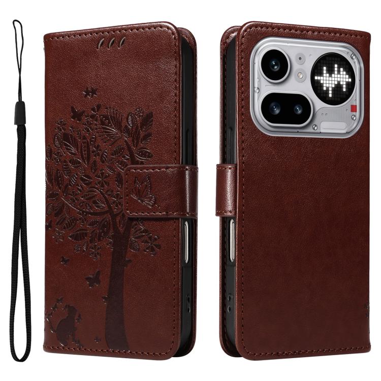 For Nothing Phone 4a Pro Tree & Cat Embossed Pattern Flip Leather Phone Case