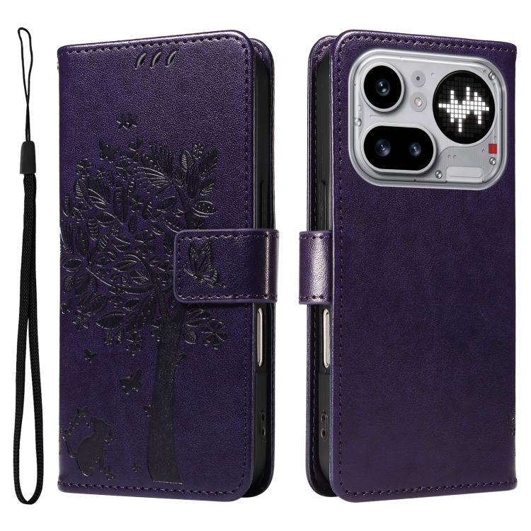 For Nothing Phone 4a Pro Tree & Cat Embossed Pattern Flip Leather Phone Case