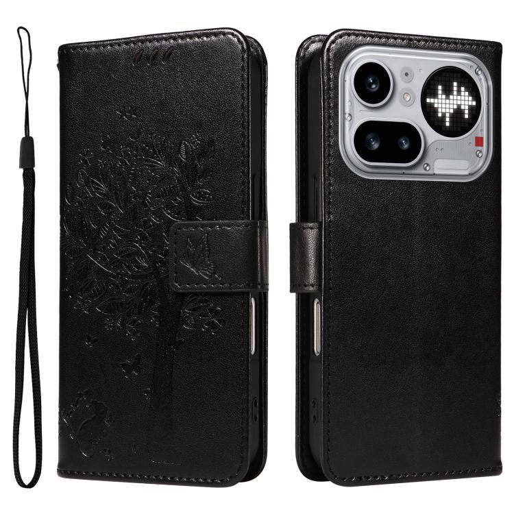 For Nothing Phone 4a Pro Tree & Cat Embossed Pattern Flip Leather Phone Case