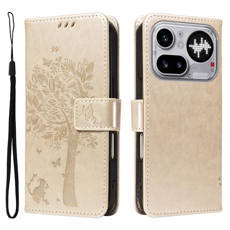 For Nothing Phone 4a Pro Tree & Cat Embossed Pattern Flip Leather Phone Case