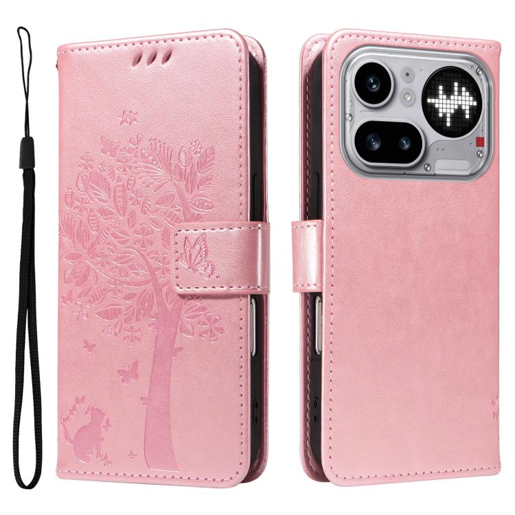 For Nothing Phone 4a Pro Tree & Cat Embossed Pattern Flip Leather Phone Case