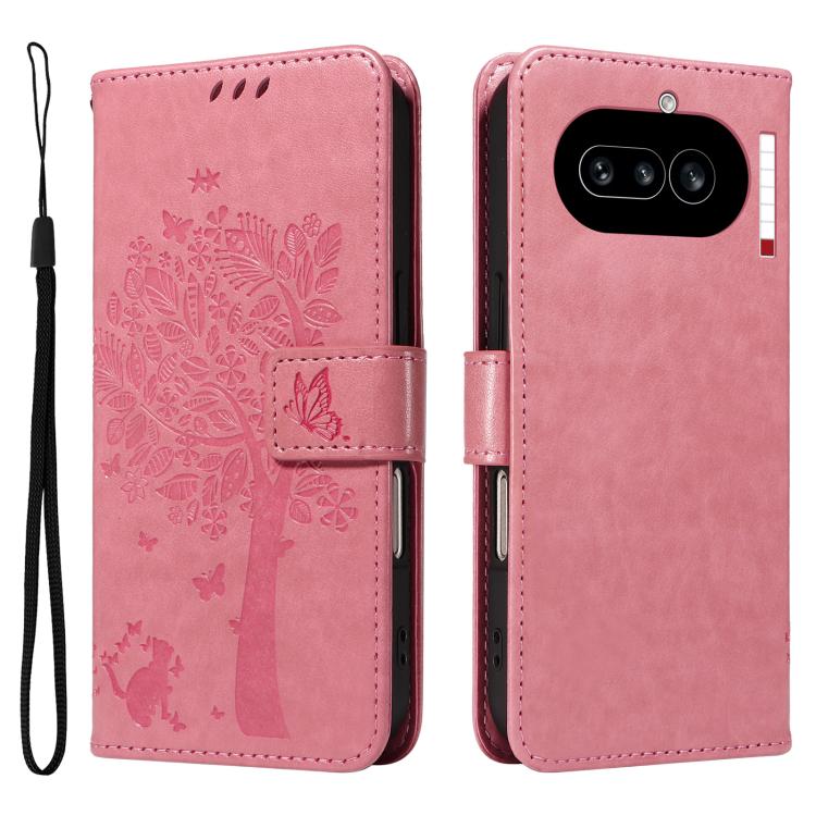 For Nothing Phone 4a Tree & Cat Embossed Pattern Flip Leather Phone Case