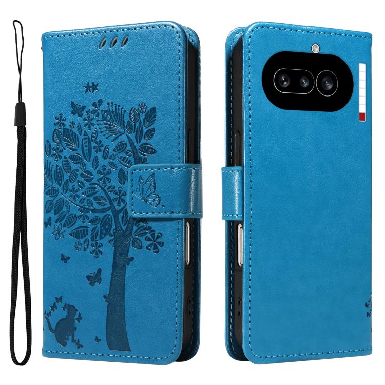 For Nothing Phone 4a Tree & Cat Embossed Pattern Flip Leather Phone Case