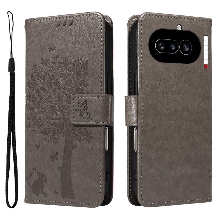 For Nothing Phone 4a Tree & Cat Embossed Pattern Flip Leather Phone Case