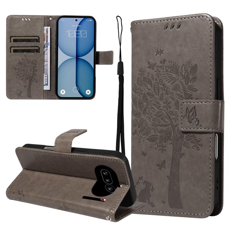 For Nothing Phone 4a Tree & Cat Embossed Pattern Flip Leather Phone Case
