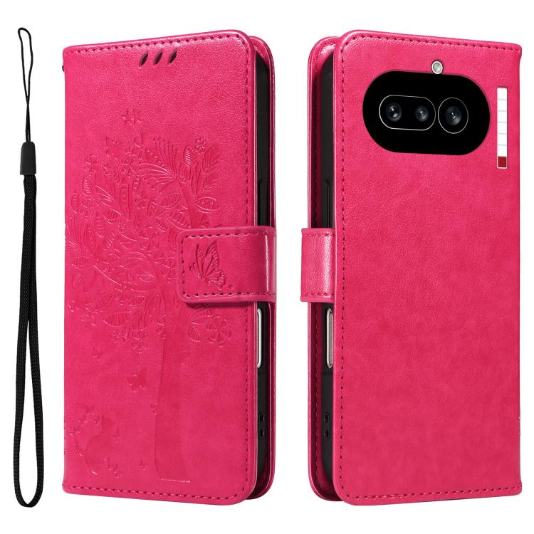 For Nothing Phone 4a Tree & Cat Embossed Pattern Flip Leather Phone Case