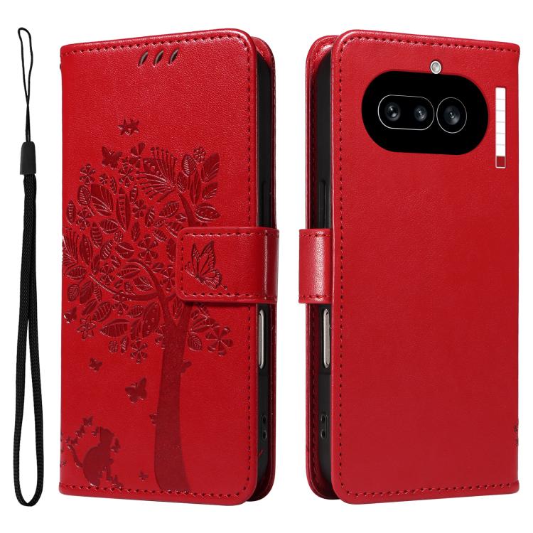 For Nothing Phone 4a Tree & Cat Embossed Pattern Flip Leather Phone Case