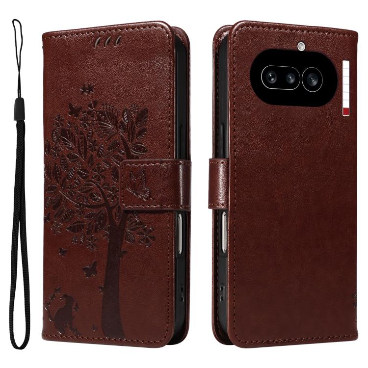 For Nothing Phone 4a Tree & Cat Embossed Pattern Flip Leather Phone Case