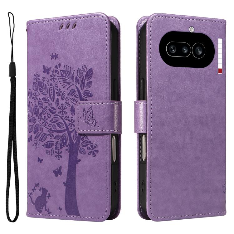 For Nothing Phone 4a Tree & Cat Embossed Pattern Flip Leather Phone Case