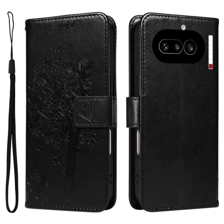 For Nothing Phone 4a Tree & Cat Embossed Pattern Flip Leather Phone Case