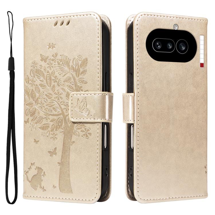 For Nothing Phone 4a Tree & Cat Embossed Pattern Flip Leather Phone Case